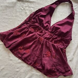 Burgundy Sequin Floral Halter Top Satin Flowy Party Evening Blouse